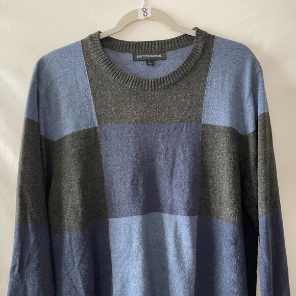 Tricot St. Raphael Mens Blue Black Crew Neck Colorblock Pullover Sweater Size L - Picture 3 of 9